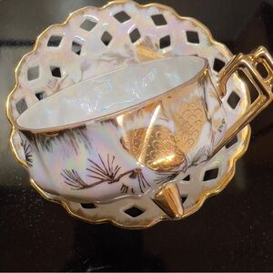 Vintage Gold Plated Pinecone Wide Mouth Japanese lustreware Tea Cup & Saucer Set